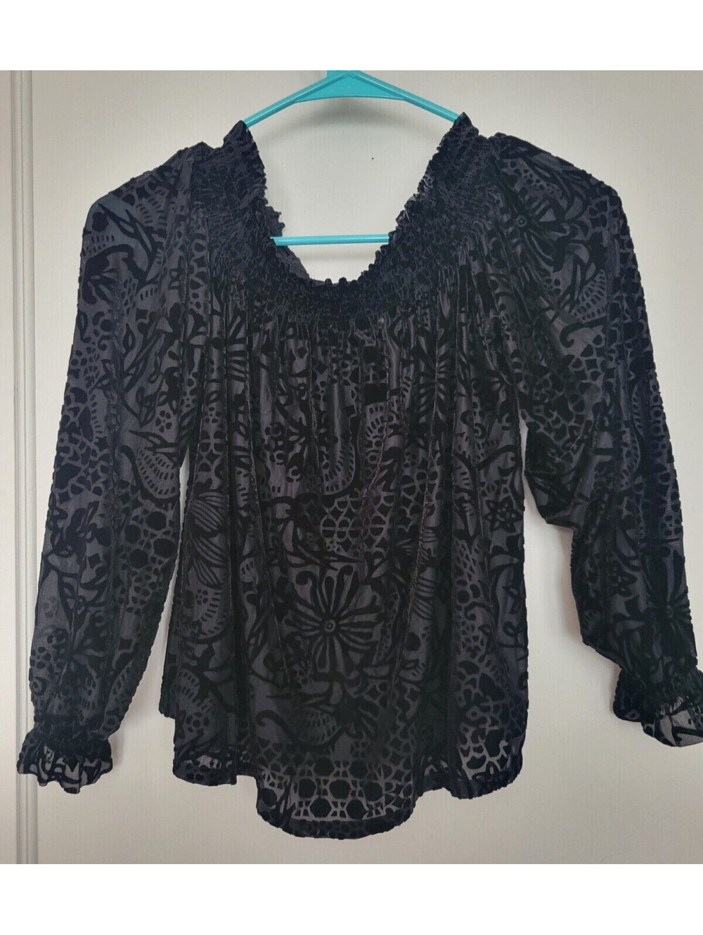 Free People Black Lace Nylon/Spandex Sheer Long Sleeve XS Crop Off Shoulder